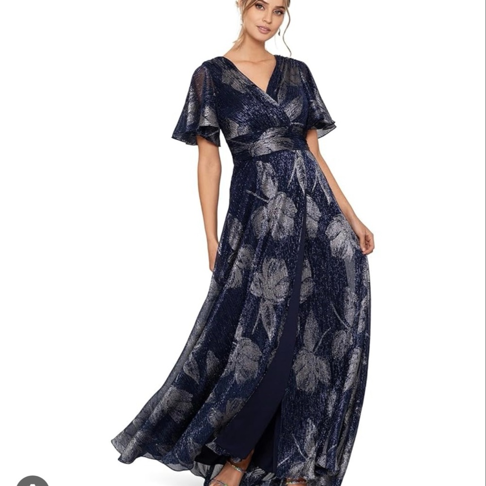 Betsy & Adam flutter sleeve metallic Navy Floral Maxi Dress